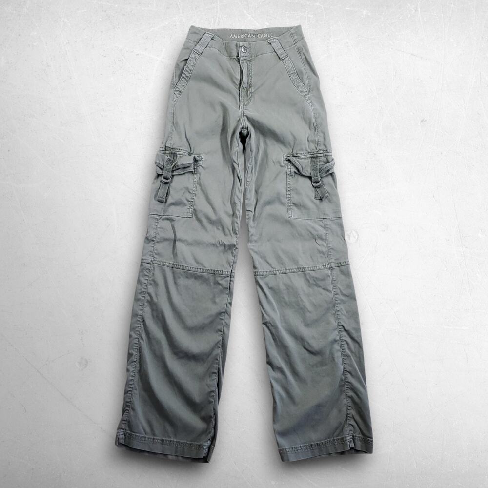 American Eagle Super High Rise Baggy Wide Leg Cargo Pant Women 000 Green Stretch